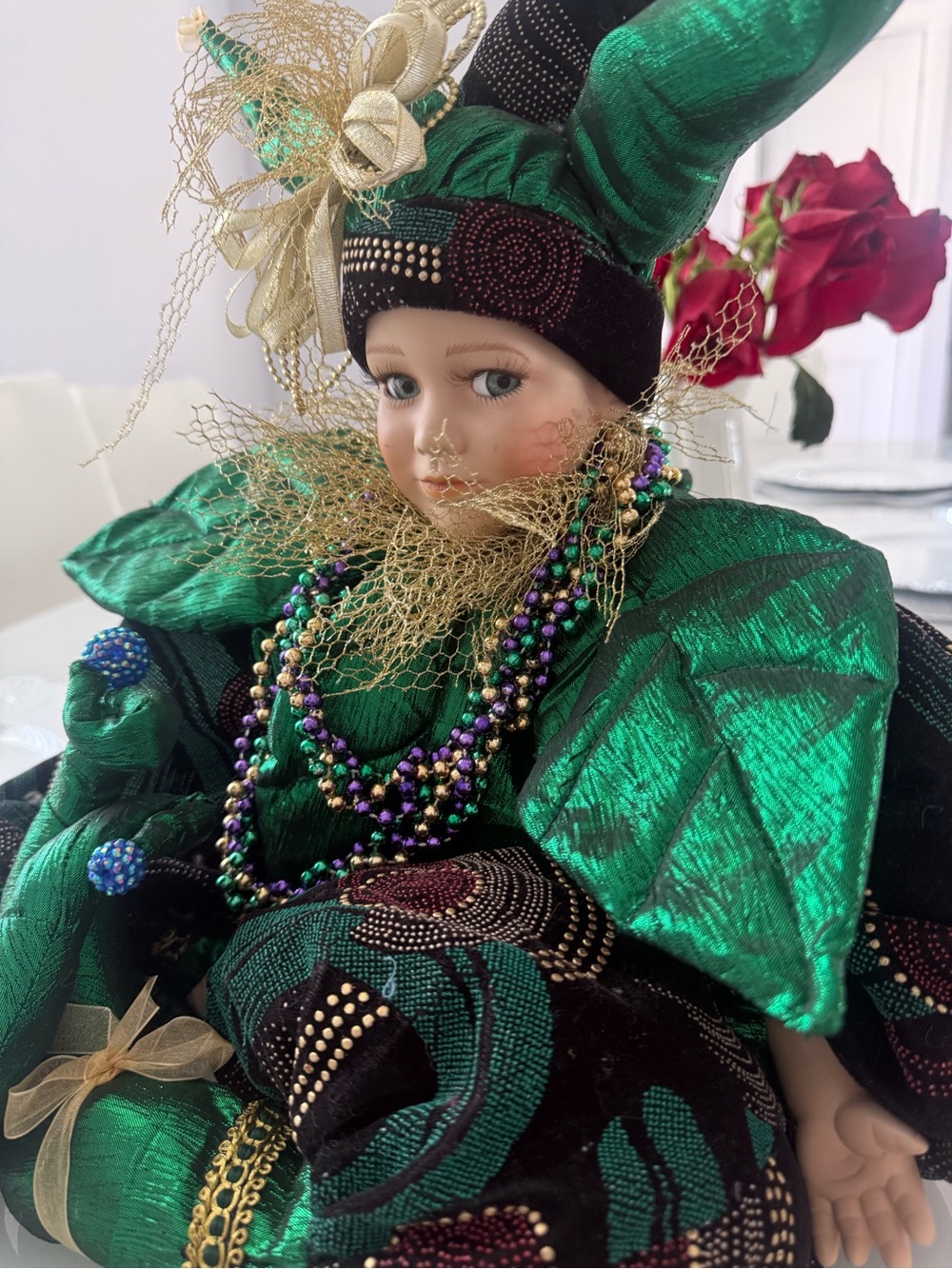 Green Mardi Gras Jester Decorative Doll with Gold Accents